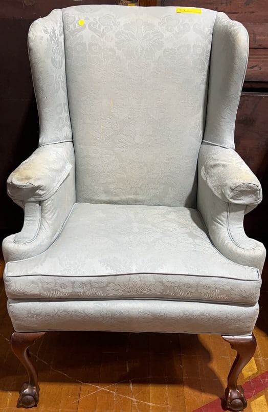 BLUE UPHOLSTERED CHIPPENDALE MAHOGANY WING CHAIR (1 of 4)