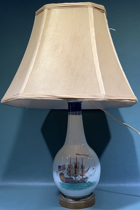 SHIP PAINTED PORCELAIN TABLE LAMP: 21" TALL