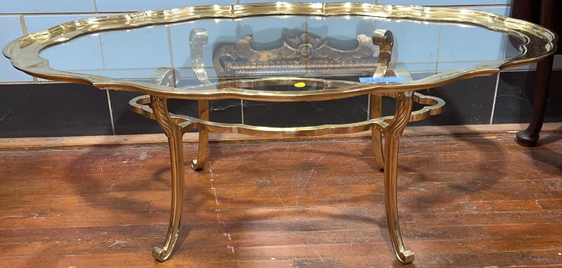 HOLLYWOOD REGENCY BRASS & GLASS COFFEE TABLE: 48" X 31" X 17"
