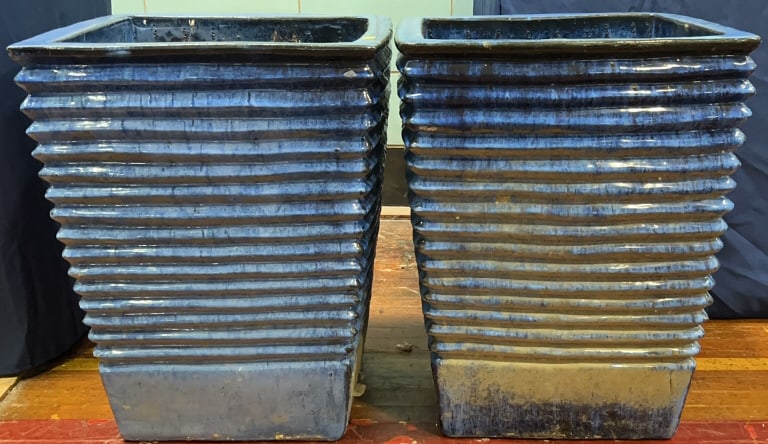 PAIR OF LARGE BLUE GLAZED PLANTERS (1 of 3)