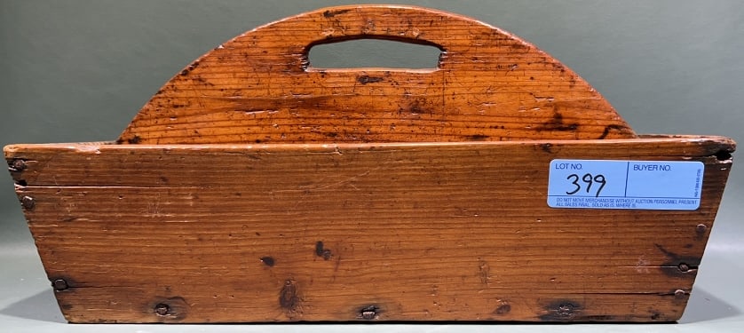 ANTIQUE PINE UTENSIL CADDY: 8" X 16-1/2" X 10"
