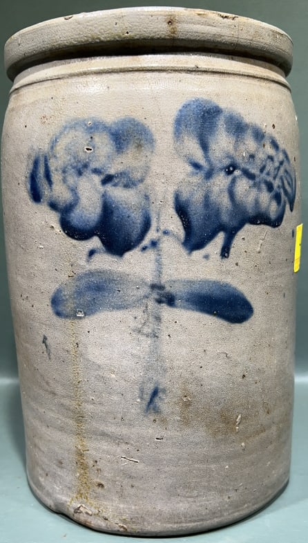 ANTIQUE BLUE DECORATED STONEWARE CROCK: 11-1/2" X 8"