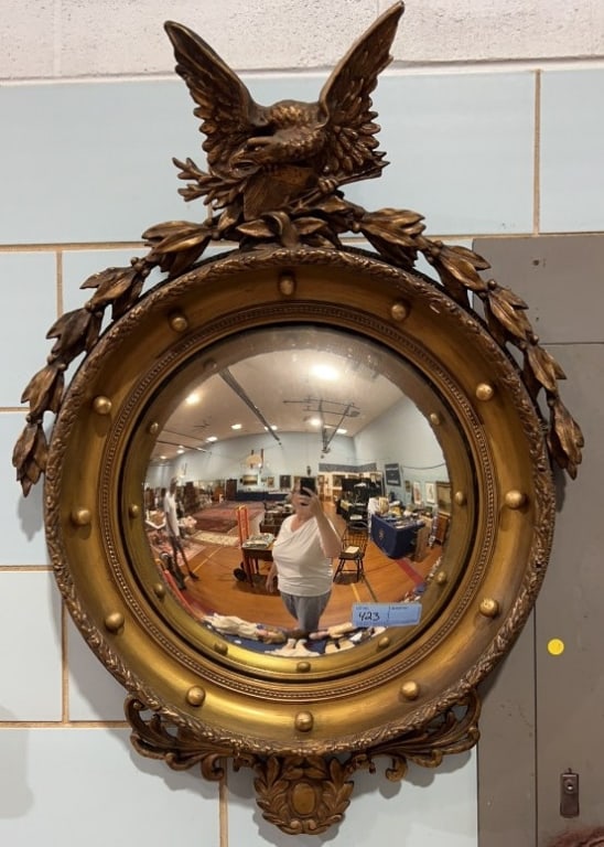 ANTIQUE EAGLE CARVED GOLD BULLSEYE MIRROR: 36" X 27"
