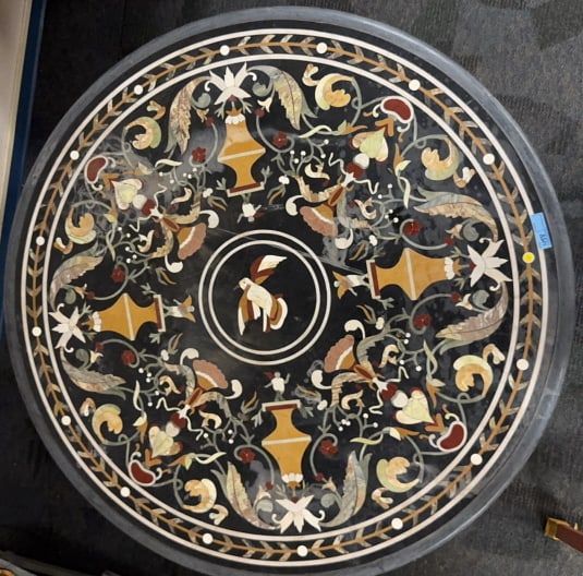 ANT PIETRA DURA INLAID BLACK MARBLE TABLE W/IRON B (1 of 8)