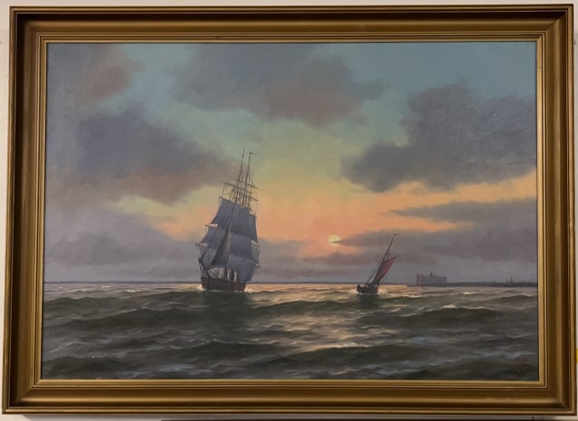 FRAMED CANVAS OF SHIPS AT SEA: 42.5" X 31"