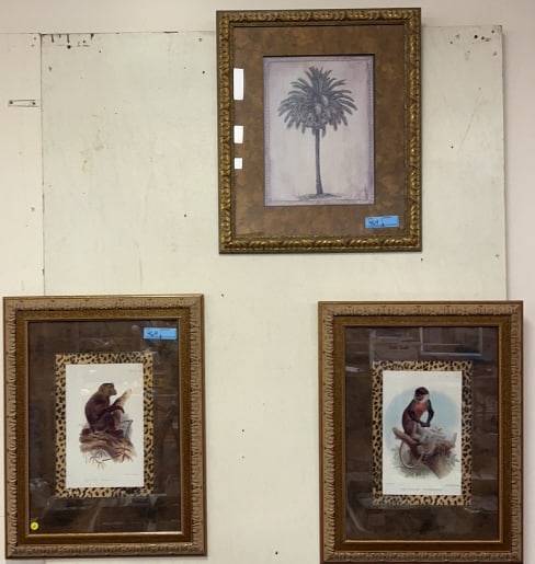 2 FRAMED MONKEY PRINTS & PALM TREE PRINT: 27" X 21"