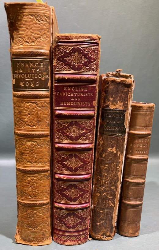 4 ANTIQUE LEATHER BOUND BOOKS: 11" X 8"