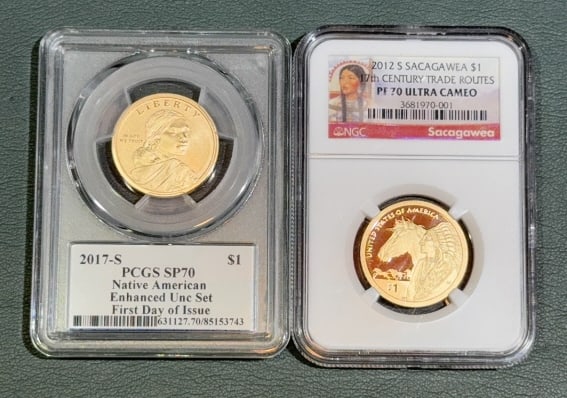 2012-S SACAGAWEA PF70 & 2017-S SP70 SACAGAWEA $1: ~