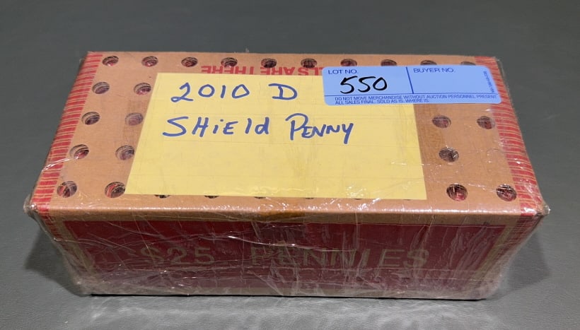 2010-D SHIELD SEALED US PENNY BANK BOX: $25 FACE VALUE ~ 8.75" X 4" X 3.5"