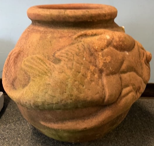 LARGE TERRA COTTA PLANTER W/ FISH DECORATIONS: 21" X 21"