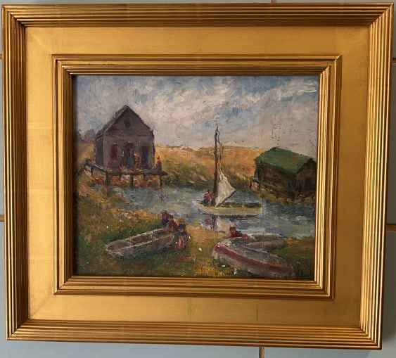 SIGNED OIL ON BOARD OF A HARBOR SCENE: 17-1/2" X 16"
