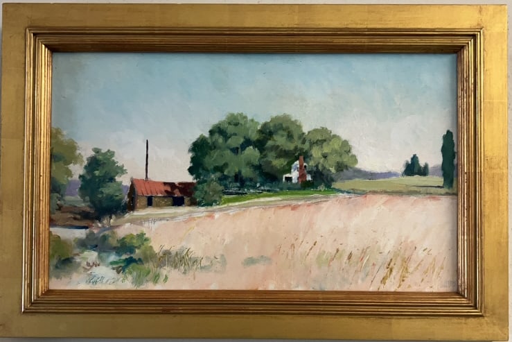 SIGNED OIL ON BOARD OF A FARM SCENE: 20" X 15"