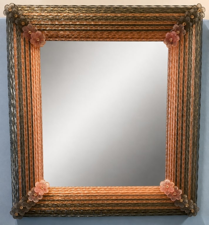 VINTAGE ITALIAN MURANO GLASS MIRROR: 24" X 26" DAMAGE TO BOTTOM