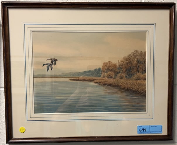J. SUDY WATERCOLOR OF MALLARDS: 22" X 18"