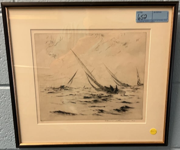 FRANKLIN TOWNSEND MORGAN ETCHING OF RACING SAILBOAT: 17" X 18"