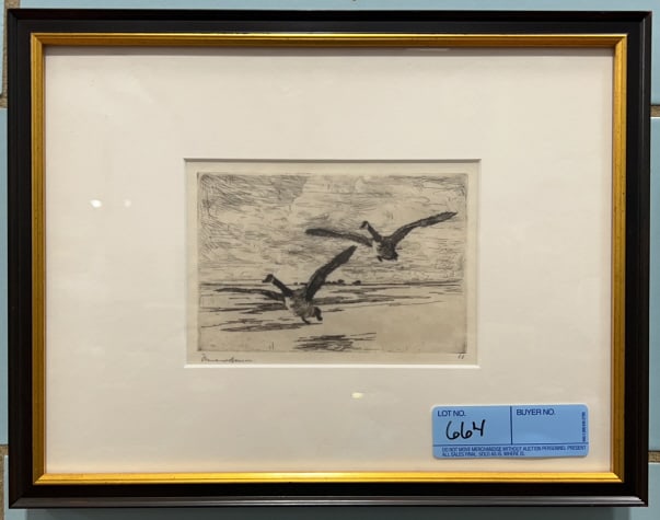 FRANK W. BENSON "INCOMING GEESE" 1917 FRAMED ETCHI: 14" X 10-1/2"