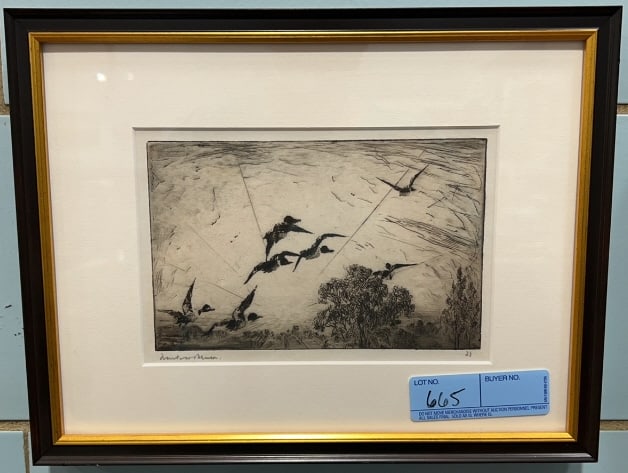 FRANK W. BENSON "DUCKS GOING AWAY" FRAMED ETCHING: 14" X 10-1/2"