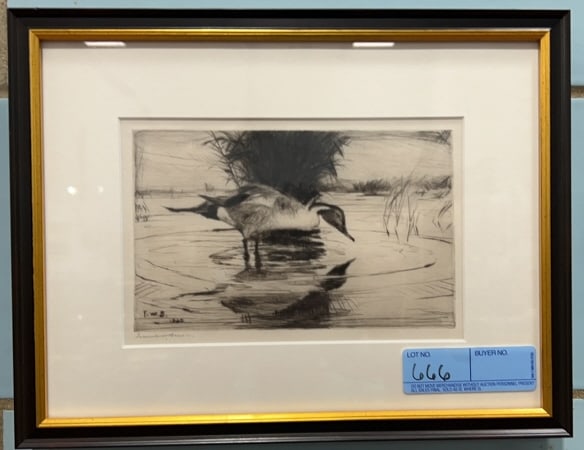 FRANK W. BENSON "REFLECTIONS" 1920 FRAMED ETCHING: 14" X 10-1/2"