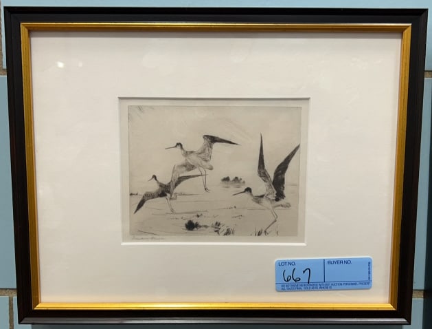 FRANK W. BENSON "3 YELLOW LEGS" 1920 FRAMED ETCHIN: 14" X 10-1/2"