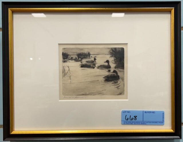 FRANK W. BENSON "THE RENDEZVOUS" 1920 FRAMED ETCHI: 14" X 10-1/2"