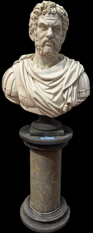 MARBLE ROMAN EMPEROR BUST ON MARBLE PEDESTAL: 58" X 23"
