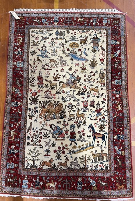 HANDMADE ORIENTAL HUNTING SCENE AREA RUG: 7' X 4' 7"