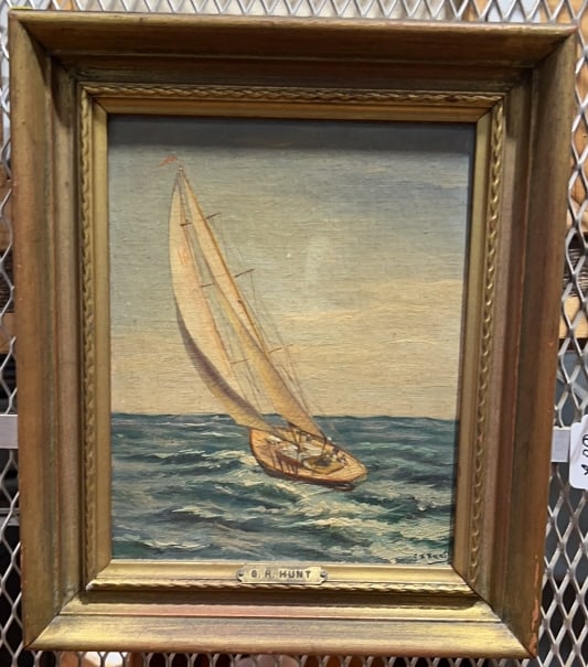 G. H. HUNT OIL ON BOARD OF SAILING BOAT: 11" X 13"