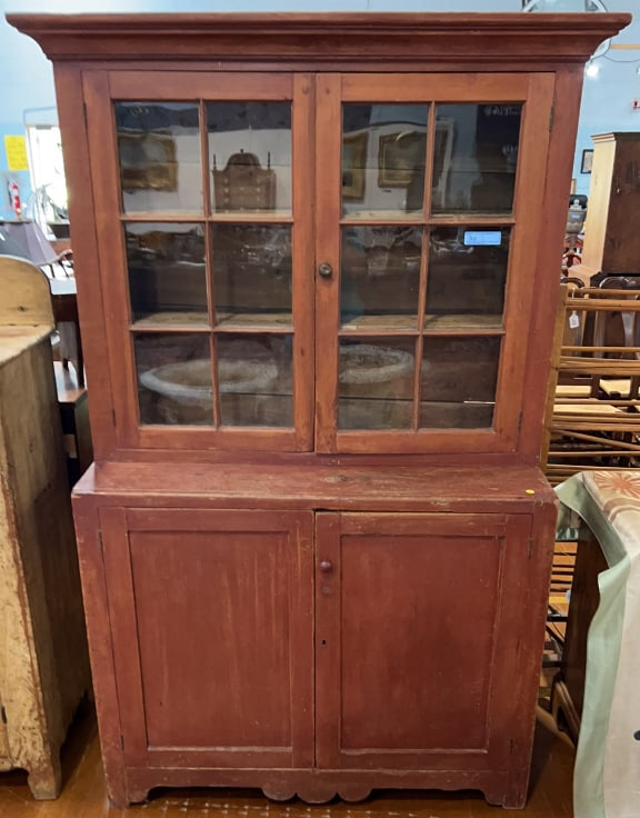 ANTIQUE RED PAINTED 1 PIECE WALL CUPBOARD: 79" X 47"