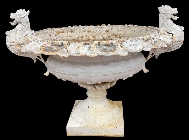 CAST IRON URN W/FULL FIGURE DRAGON HANDLES: 50" X 36"