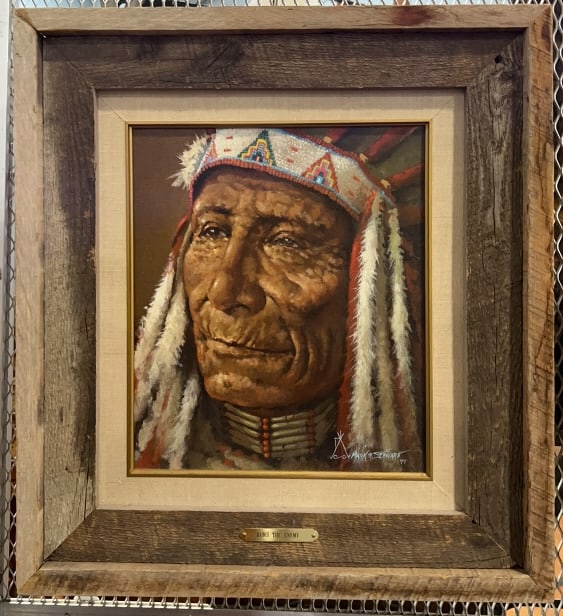 MARK R STEWART OIL ON CANVAS OF "RUNS THE ENEMY": 22" x 20"