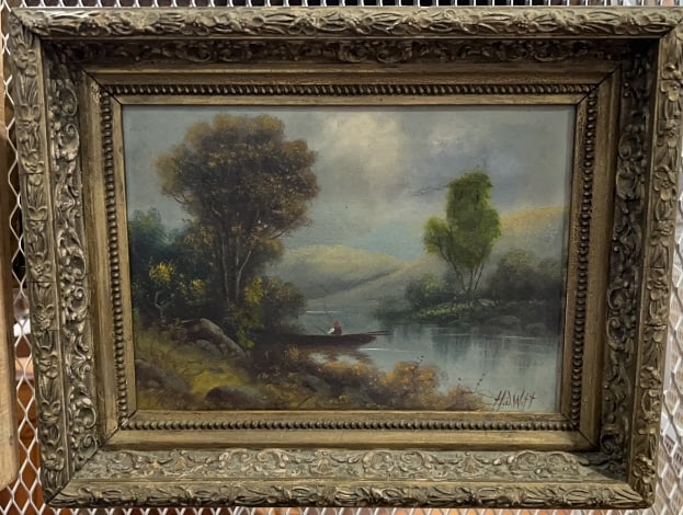 HJ WITT OIL ON CANVAS OF A FISHERMAN: 16" X 12.5"