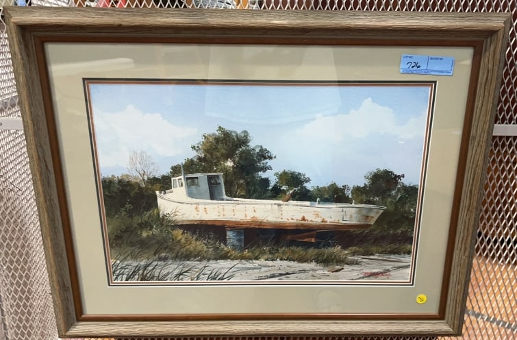 KEITH WHITELOCK WATERCOLOR OF WORKBOAT: WORKBOAT ON DRY DOCK ~ 31" X 23"