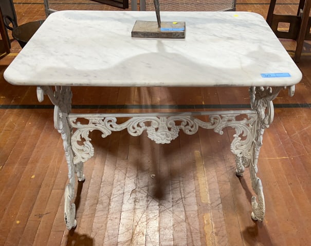MARBLE TOP IRON BASE TABLE W/DOLPHINS (1 of 4)