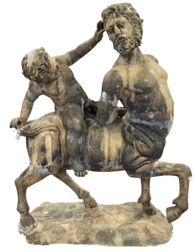"OLD CENTAUR TEASED BY EROS" BRONZE GARDEN STATUE: 40" X 47" X 23"