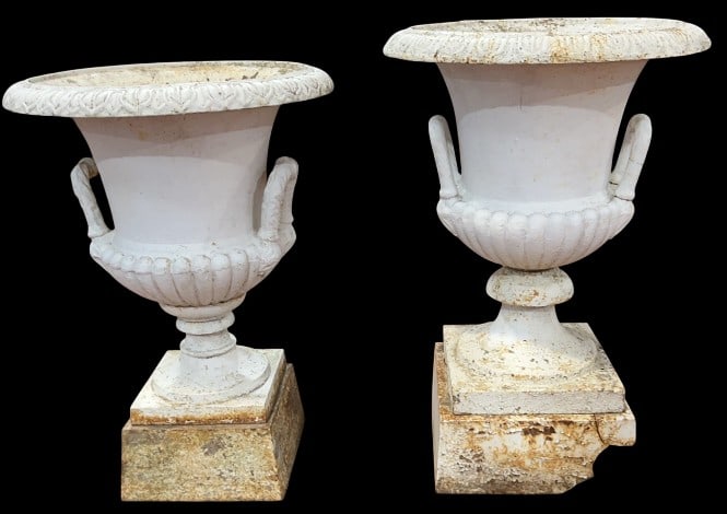 2 ANTIQUE CAST IRON URNS: 36" X 24"