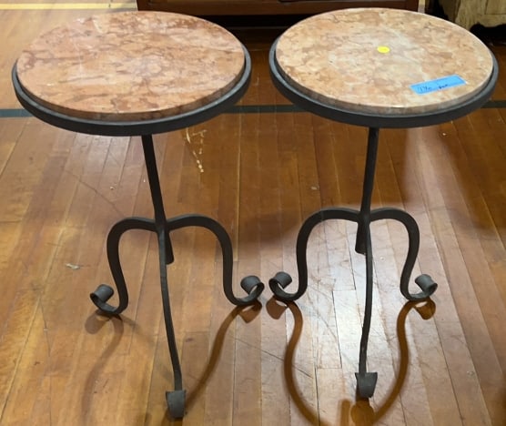 PAIR OF MARBLE TOP IRON BASE PATIO TABLES (1 of 3)