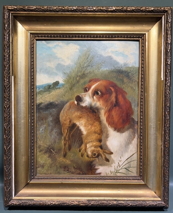 OIL ON BOARD OF HUNTING DOG & RABBIT: 17" X 14"