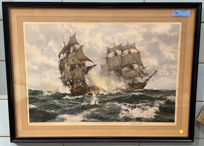 MONTAGUE DAWSON FRAMED PRINT OF SHIP BATTLE: 38" X 28"