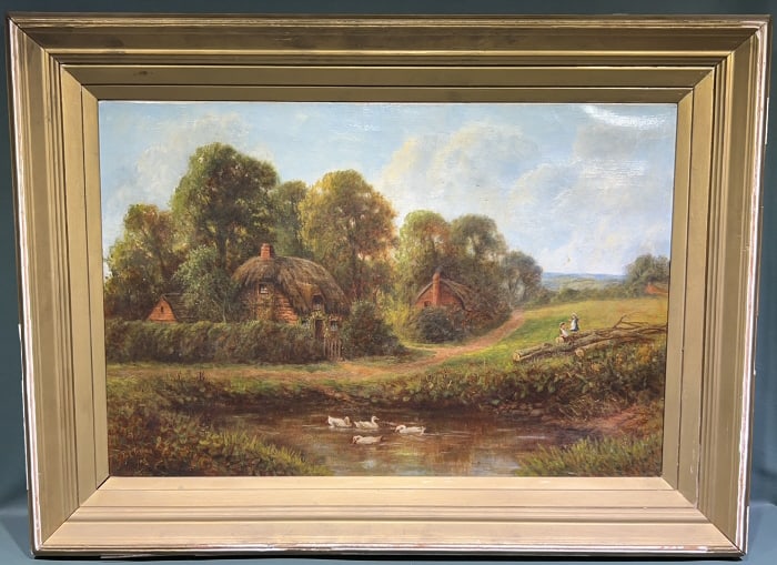 T CLARKE 1909 OIL ON CANVAS OF VILLAGE (1 of 7)