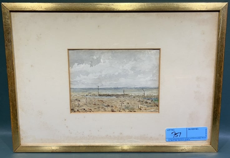 FRAMED WATERCOLOR OF BEACH SCENE: 17" X 12"