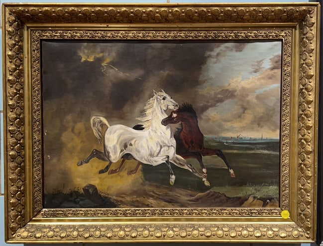 OIL ON CANVAS OF HORSES IN GOLD GILT FRAME: 28" X 21.5"