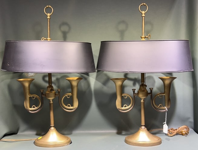 PR BRASS FRENCH HORN BOUILLOTTE LAMPS: 25.5" X 17" X 10"