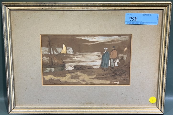 FRAMED WATERCOLOR OF HARBOR SCENE: 17" X 12"