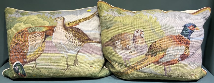 2 NEEDLEWORK PILLOWS OF PHEASANTS