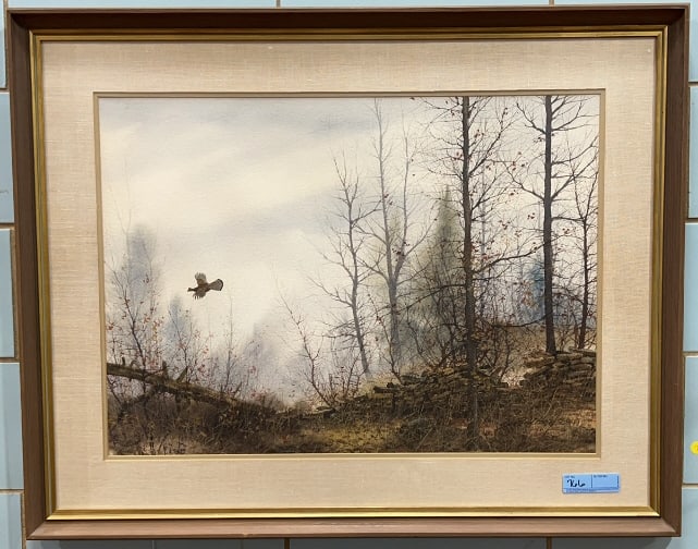 DAVID HAGERBAUMER WATERCOLOR OF FLYING GROUSE: 39" X 31"