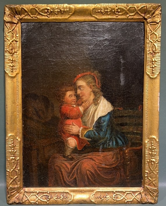 ANTIQUE OIL ON CANVAS OF MOTHER & CHILD: 15"X 11.5"