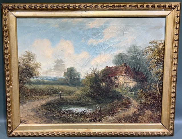 WILLIAM STONE 1893 OIL ON CANVAS FISHERMAN & COTTA: 18" X 14"
