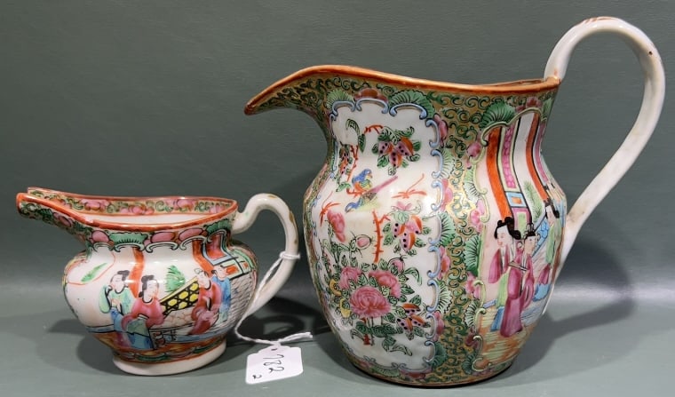 2 ROSE MEDALLION PITCHERS: LARGE PITCHER HAS A ROUGH SPOUT ~ PLEASE SEE PHOTOS ~ 7" X 3.5"
