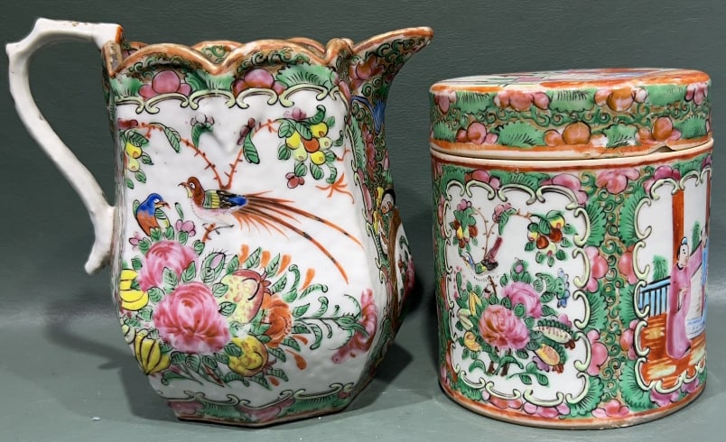 ROSE MEDALLION COVERED BOX & PITCHER: BOX LID HAS DAMAGE ~ 5.5" TALL