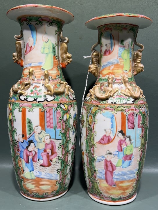 PR ROSE MEDALLION VASES W/GOLD DRAGON DECORATIONS: 1 HAS PROFESSIONAL REPAIRS PLEASE SEE PHOTOS ~ 10.25" TALL